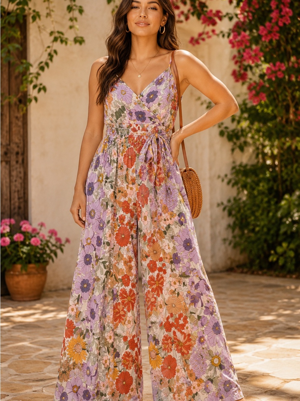 Millibon Lavender Floral Wrap Jumpsuit with Tie Waist